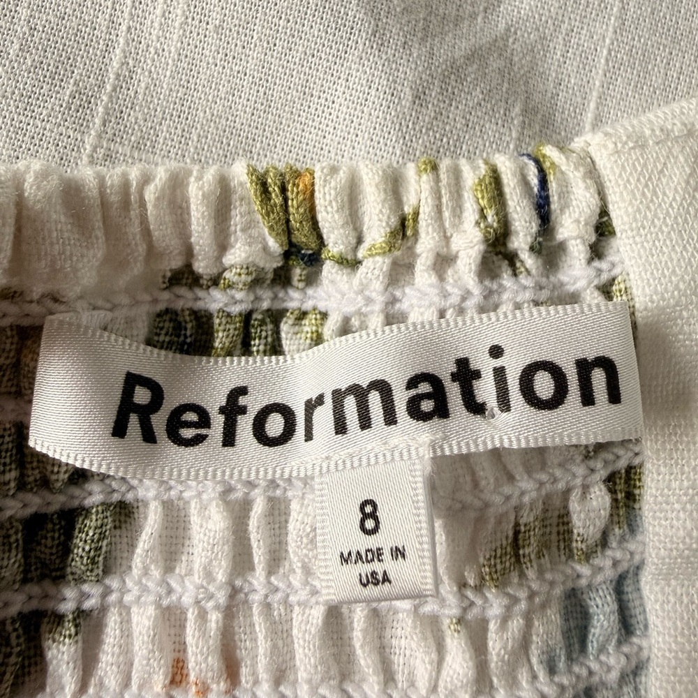 Reformation Marbella Floral Midi Linen A-Line Dress Botanist‎ Puff Sleeve Size 8 - Picture 7 of 15
